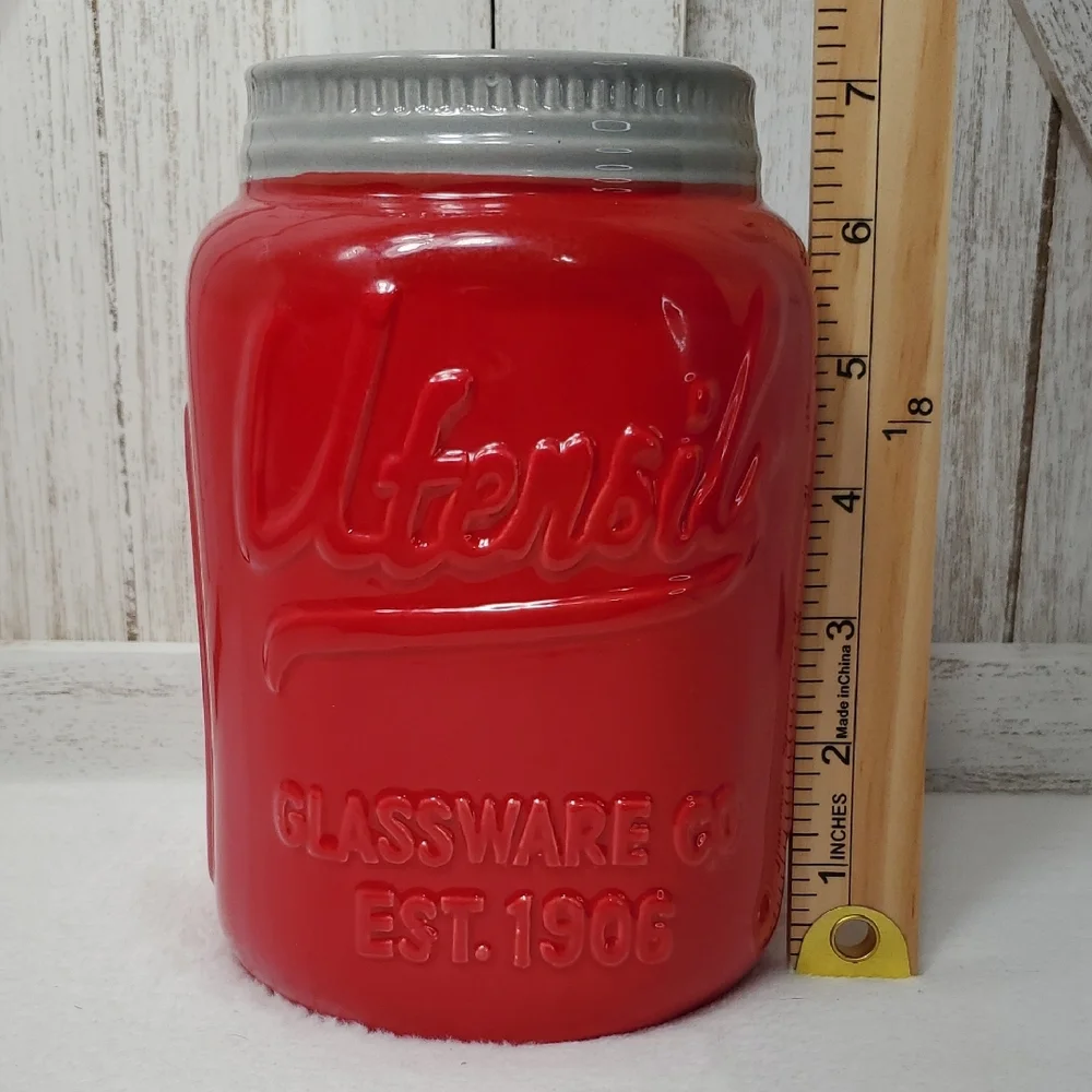 Red Ceramic Mason Jar Utensil Holder for Kitchen Counter Organizer